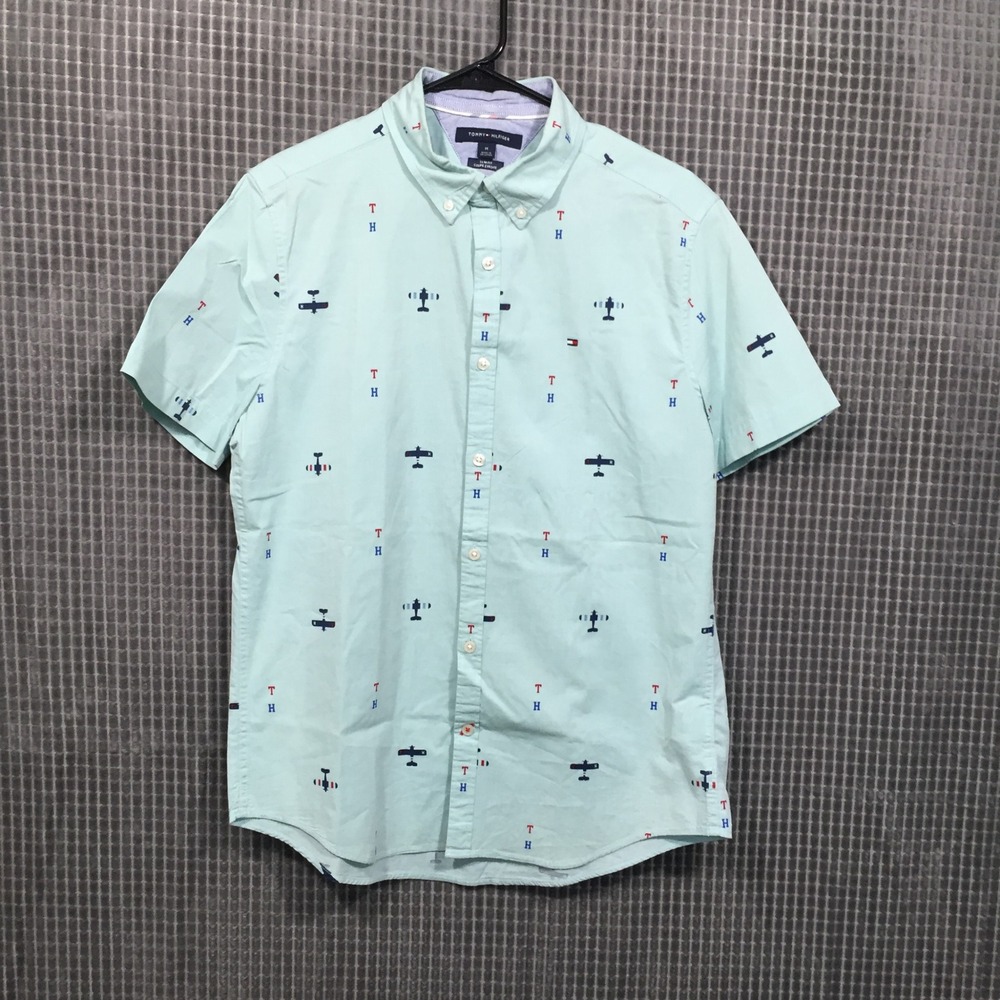Tommy Hilfiger Mens Airplane Print Slim Fit Short Sleeve Shirt Mint Green‎ M